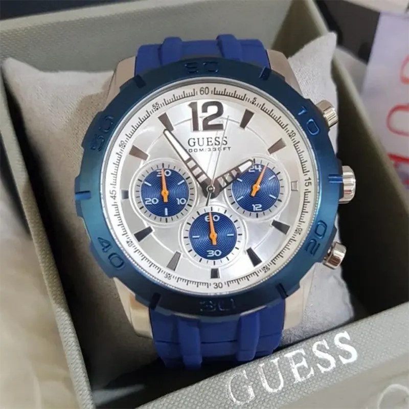 Guess Caliber Chronograph White Dial Blue Strap Men’s Watch- W0864G6